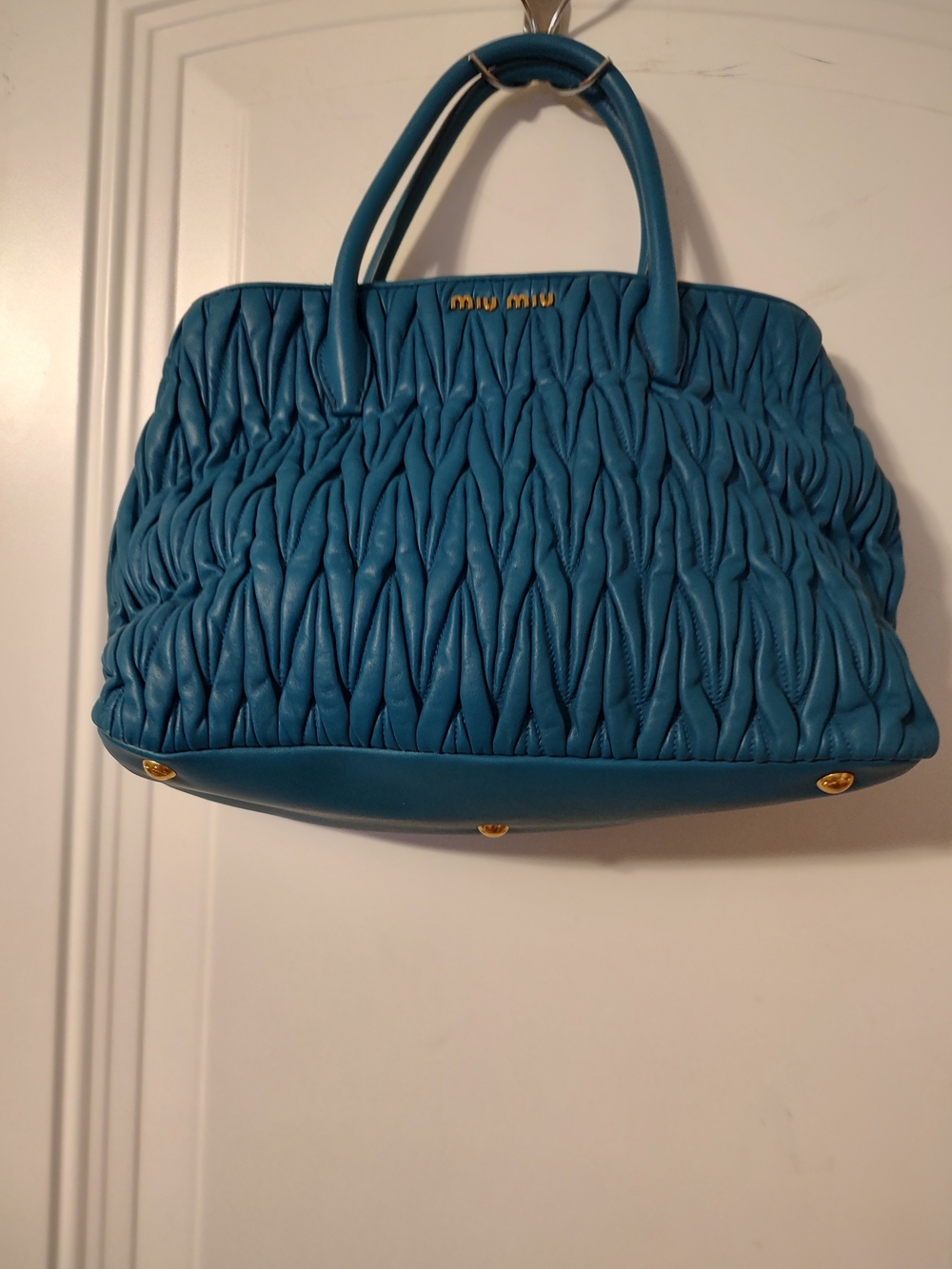 New Miu Miu Teal Blue Matelassé Leather Shoulder Bag